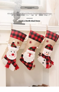 Three 3D rustic Christmas stockings with Santa, reindeer, and snowman on a white fireplace