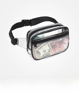 Detail of transparent PVC waist bag featuring dual black zippers and adjustable strap
