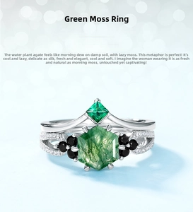 Macro detail of S925 silver ring set with hexagonal moss agate and V-shaped band