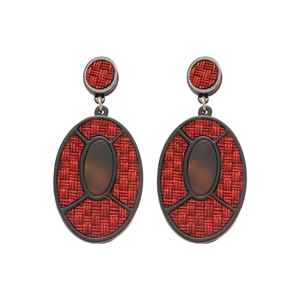 Retro geometric oval earrings with red woven texture and dark brown stone in silver needle base