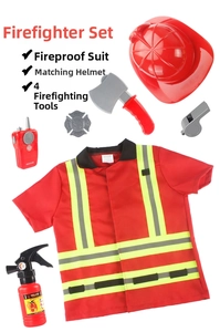 Detailed close-up of kids firefighter costume vest with helmet and plastic tool set