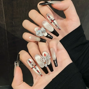 Gothic luxury long coffin press-on nails with black cat-eye finish and silver 3D rhinestones