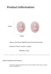 Detailed view of pink cameo earrings with white pearls and size 2.3x1.8cm dimensions
