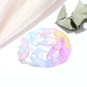 Macro detail of matte resin chain links in pastel macaron gradient colors and soft texture