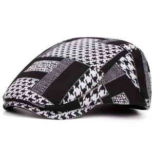British style black and white houndstooth patchwork beret for women in a classic autumn design
