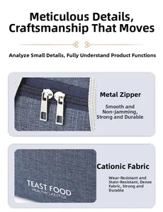 Detail of blue cationic fabric lunch bag with smooth metal double zippers and logo