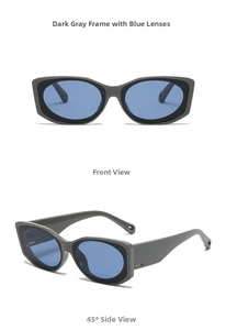 Front and 45-degree side view of dark grey sunglasses with blue lenses in a square frame
