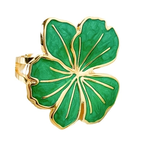 Vintage gold plated stainless steel ring with green enamel four-leaf clover flower