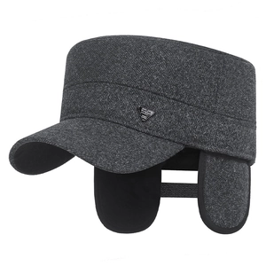 Winter men's flat top wool hat in dark gray with ear flaps and metal logo badge