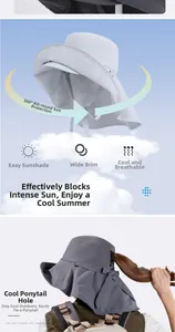 Detail of outdoor sun hat featuring a wide brim and specialized ponytail hole for comfort