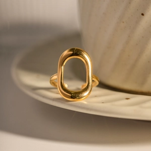 Minimalist gold oval geometric hollow ring in stainless steel for a stylish daily look