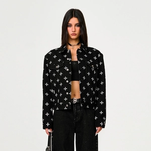 Veste En Jean Femmes Coton Imprimé Croix Manches Longues Revers Streetwear Manteau Tendance