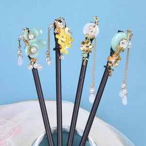 Traditional Chinese Style Hair Stick Ebony Wood With Alloy Flower Tassel Faux Jade Artificial Pearl Pendant Retro Hanfu For Women
