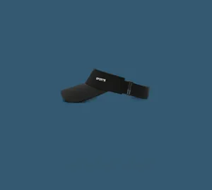 Detail of adjustable metal buckle and SPORTS logo on breathable black sun visor hat