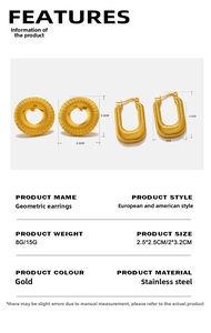 Detail view of 18K gold plated stainless steel textured hoop and U-shaped earrings