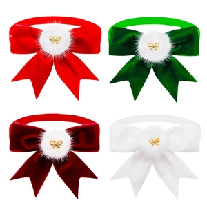 Christmas velvet pet bow ties in red and green with white pom-poms and gold charms