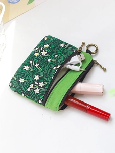 Porte-monnaie en toile verte à fleurs avec double fermeture éclair et anneau