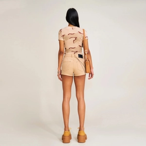 Women's camouflage T-shirt and khaki slim shorts outfit set shown from a back studio view