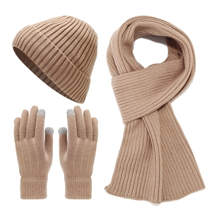 Winter 3-piece knit set with hat, scarf, and touchscreen gloves in warm beige color