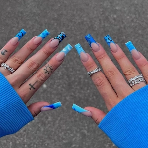 Blue Press On Nails Long Coffin Shape Heart Cloud Smile Face Checkered Patterns Trendy French False Nails For Women