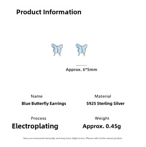 Detail view of 925 sterling silver blue butterfly earrings with size and material specs