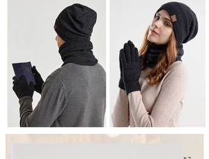 Detailed knit pattern on dark grey winter hat, scarf, and gloves three-piece warm set