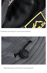 Detail of dark gray outdoor hat featuring breathable mesh lining and adjustable elastic drawstring