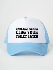 Detail of blue and white trucker hat with funny black slogan print on white foam front