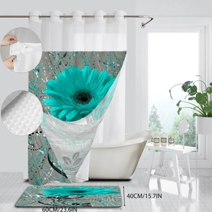 Detail of waffle weave shower curtain fabric with reinforced metal grommets and bath mat