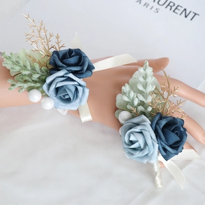 Artificial Rose Wedding Boutonniere And Wrist Corsage Smoky Blue PE Satin Flower With Artificial Pearl Ribbon For Groom Bride Party