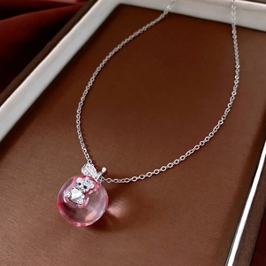 French zircon apple pendant necklace with pink crystal ball and silver bear detail