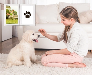 White folding pet memorial frame with paw print and photo on a soft white rug