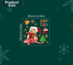 Detail showing 29cm x 29cm Christmas dog sticker with holiday elements and dimensions