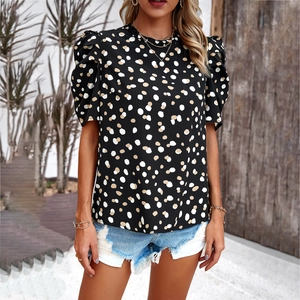 Damen Polka Dot Print Puffärmel Bluse Polyester Lässig Rüschen Stehkragen Pullover Hemd Elegant Sommer Oberteil