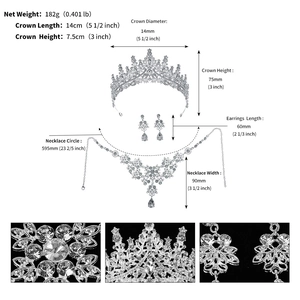Dimensioni dettagliate per il set di gioielli da sposa con tiara, collana e orecchini