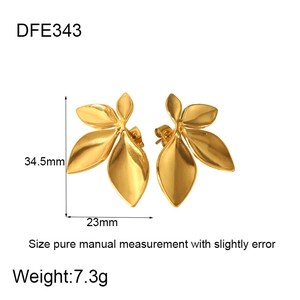 Detail showing dimensions of 18k gold plated stainless steel leaf earrings
