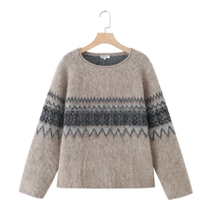 Women Round Neck Long Sleeve Knit Sweater Vintage Geometric Zigzag Jacquard Faux Cashmere Brushed Pullover