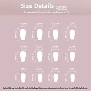 Size chart showing 12 dimensions for brown French short ballerina press-on nails