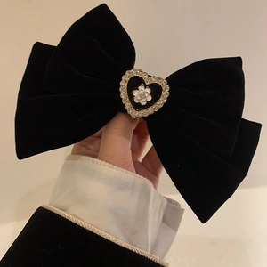 French Vintage Black Velvet Large Bow Hair Clip With Rhinestone Heart Camellia For Women Elegant Party Hair Accessories