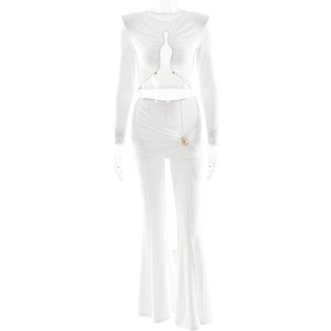Chic white two-piece set with long sleeve crop top and high-waist flared pants