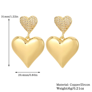 Orecchini pendenti a cuore minimalisti con zirconi e placcatura in oro 18K su rame