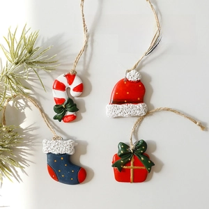 Christmas resin hanging ornaments set including stocking, gift box, cane and hat