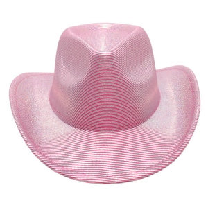 Detailed view of pink sequined cowboy hat with shiny metallic stripes for party wear