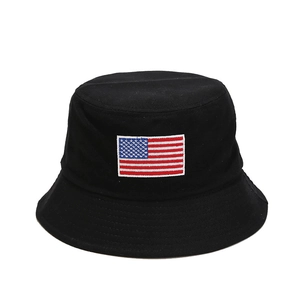 Black canvas bucket hat with American flag embroidery, front view on white background