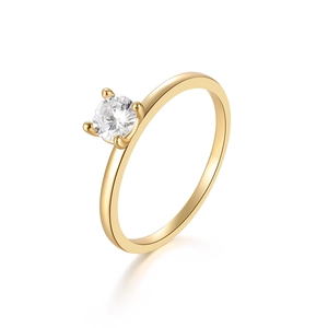Classic 925 silver four-prong diamond ring with round gemstone in golden finish