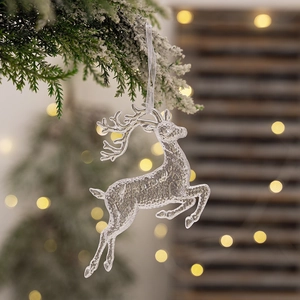 Detailed view of a transparent reindeer Christmas ornament with icy crystal textures