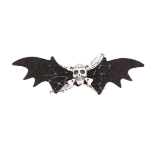 Halloween bat wings hair clip with silver spider web and white skull centerpiece