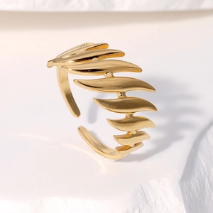18k gold plated stainless steel open ring with multilayer wave design on stone