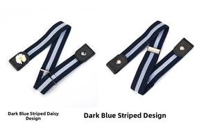 Detail of dark blue striped elastic belts with daisy pattern and leather snap closure