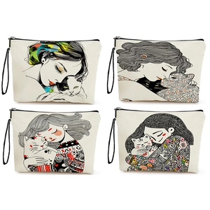 Makeup Bag Linen Cosmetic Pouch With Zipper Wristlet Strap Girl Cat Print Artistic Design Travel Organizer For Women